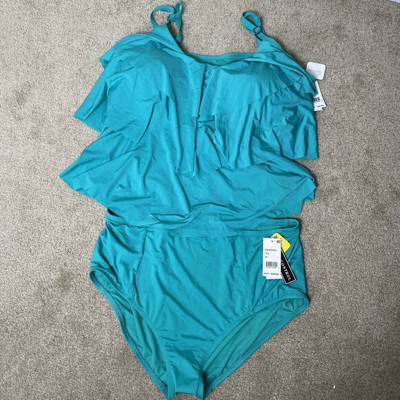 NWT Kenneth Cole Reaction Women's Ruffle Swimsuit 2-pc Green Top 3X, Bottom 2X